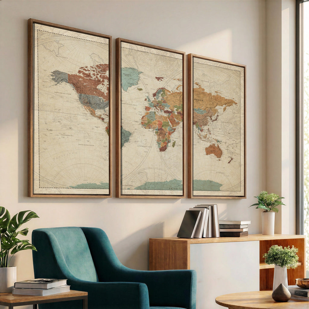 Vintage World Map Canvas Wall Art Print | Framed Modern World Map