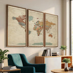 Vintage World Map Canvas Wall Art Print | Framed Modern World Map