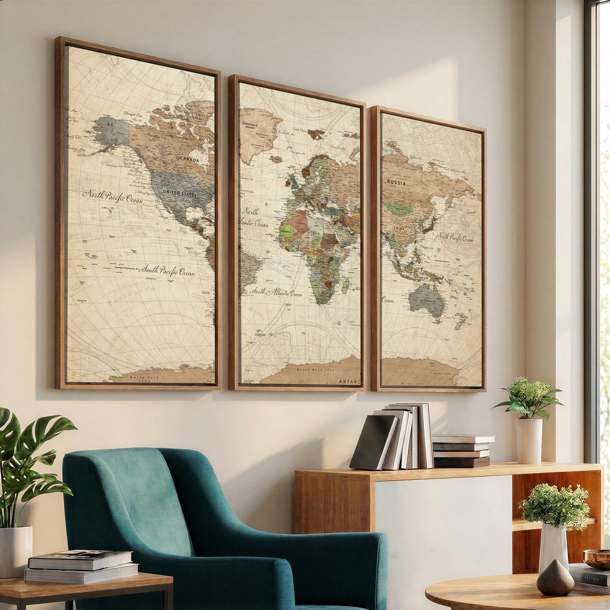 Framed World Map Wall Art for Home and Office Decor