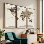 Custom Beige Modern Push Pin World Map Canvas Print, Places Visited Tracker, Bedroom and Study Decor
