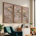Grunge World Map Canvas Wall Art - Vintage Aged World Map with Golden Tones