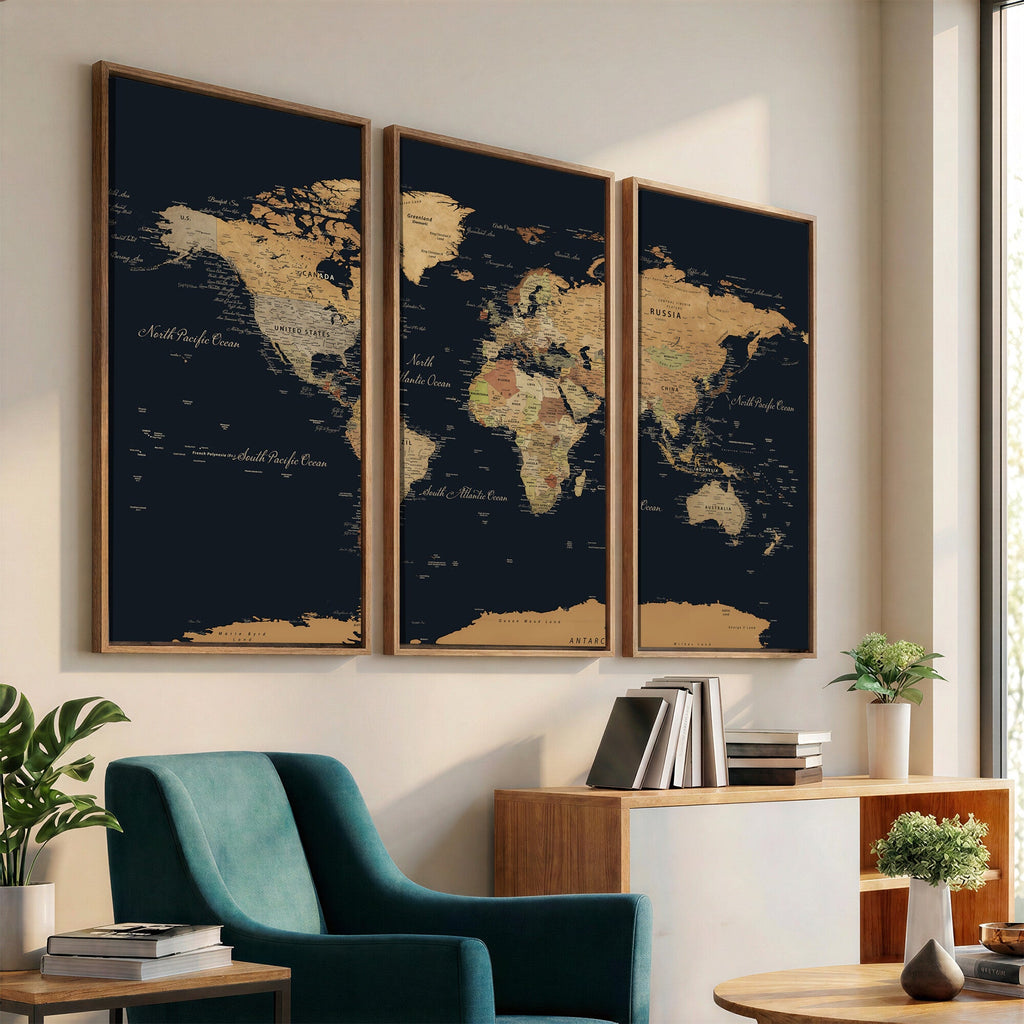 Vintage World Map Earth Globe Countries Oceans Continents
