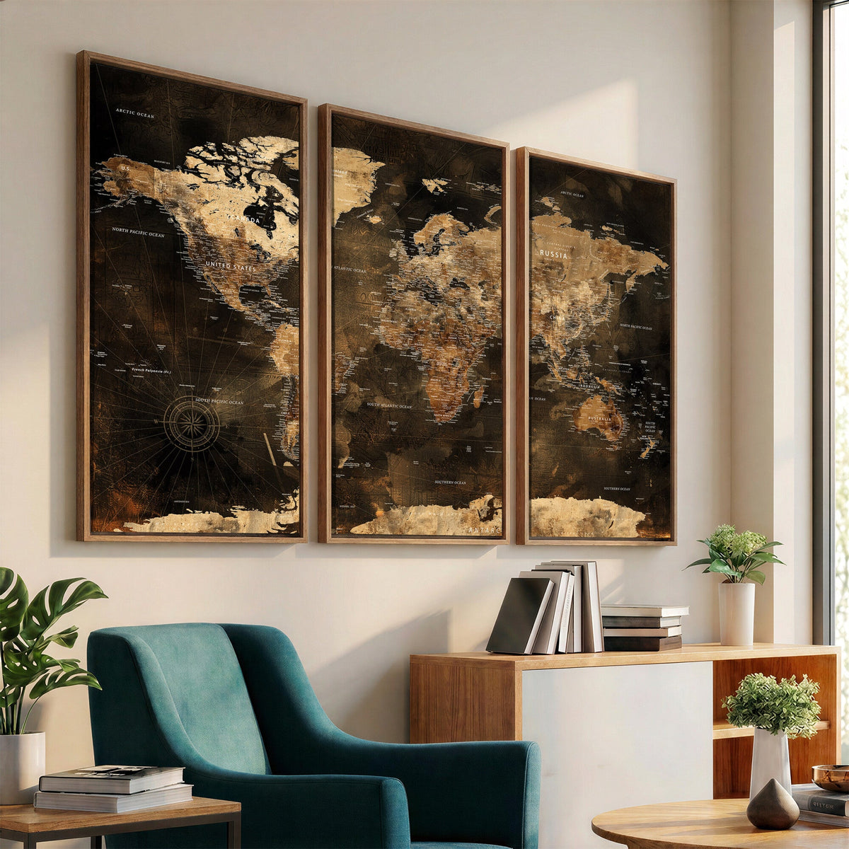 World Map Canvas Print, Modern Decorative Framed Map Artwork