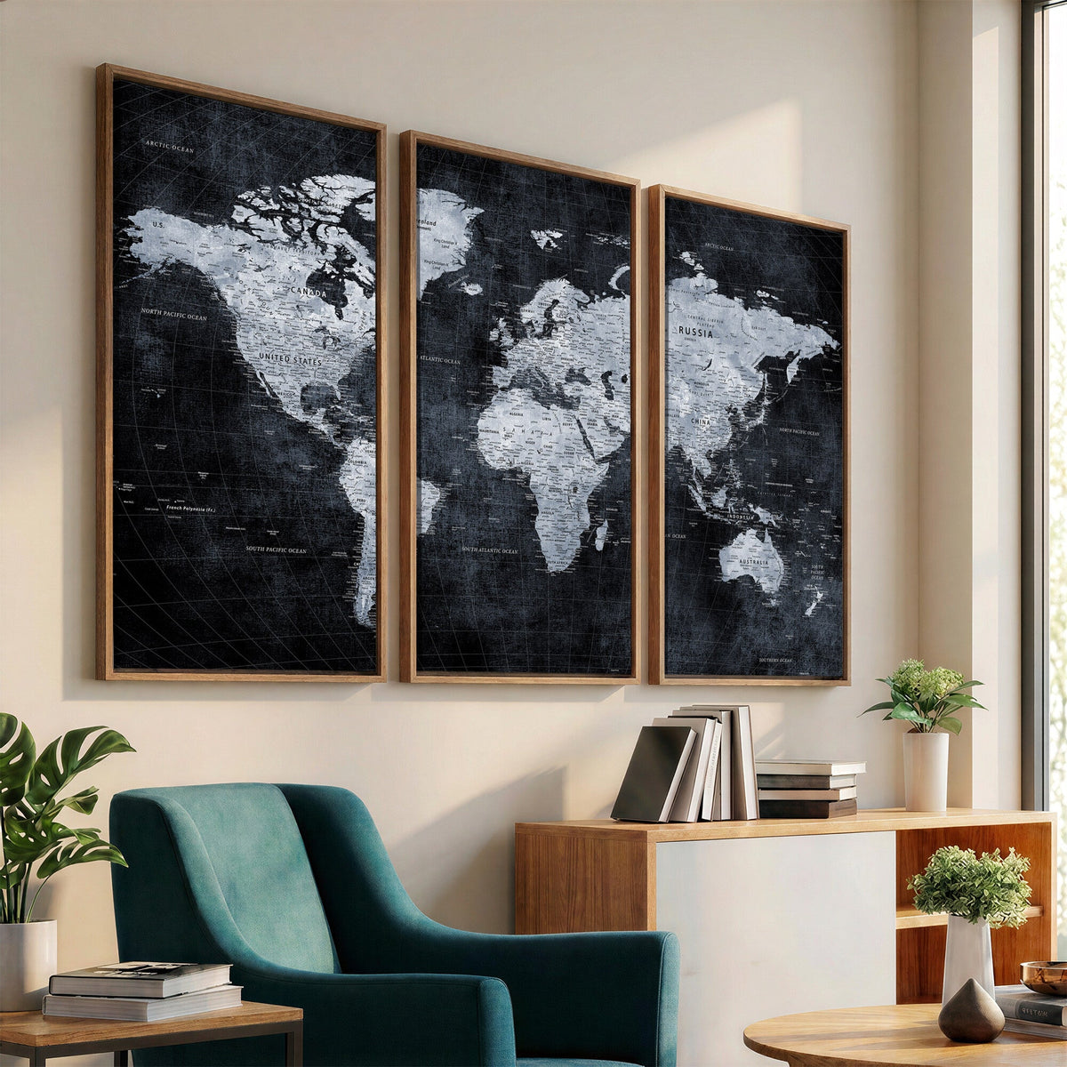 Black World Map Canvas Print | Detailed Map for Couples and Anniversary Gift