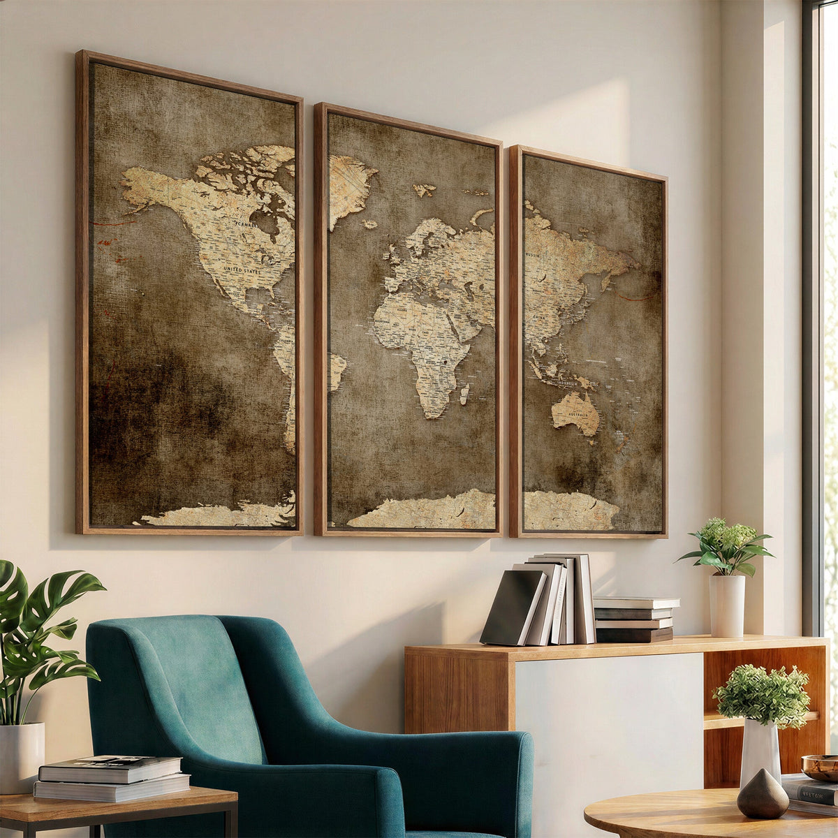 Dark Vintage World Map Canvas Wall Art Print, Antique Map Artwork