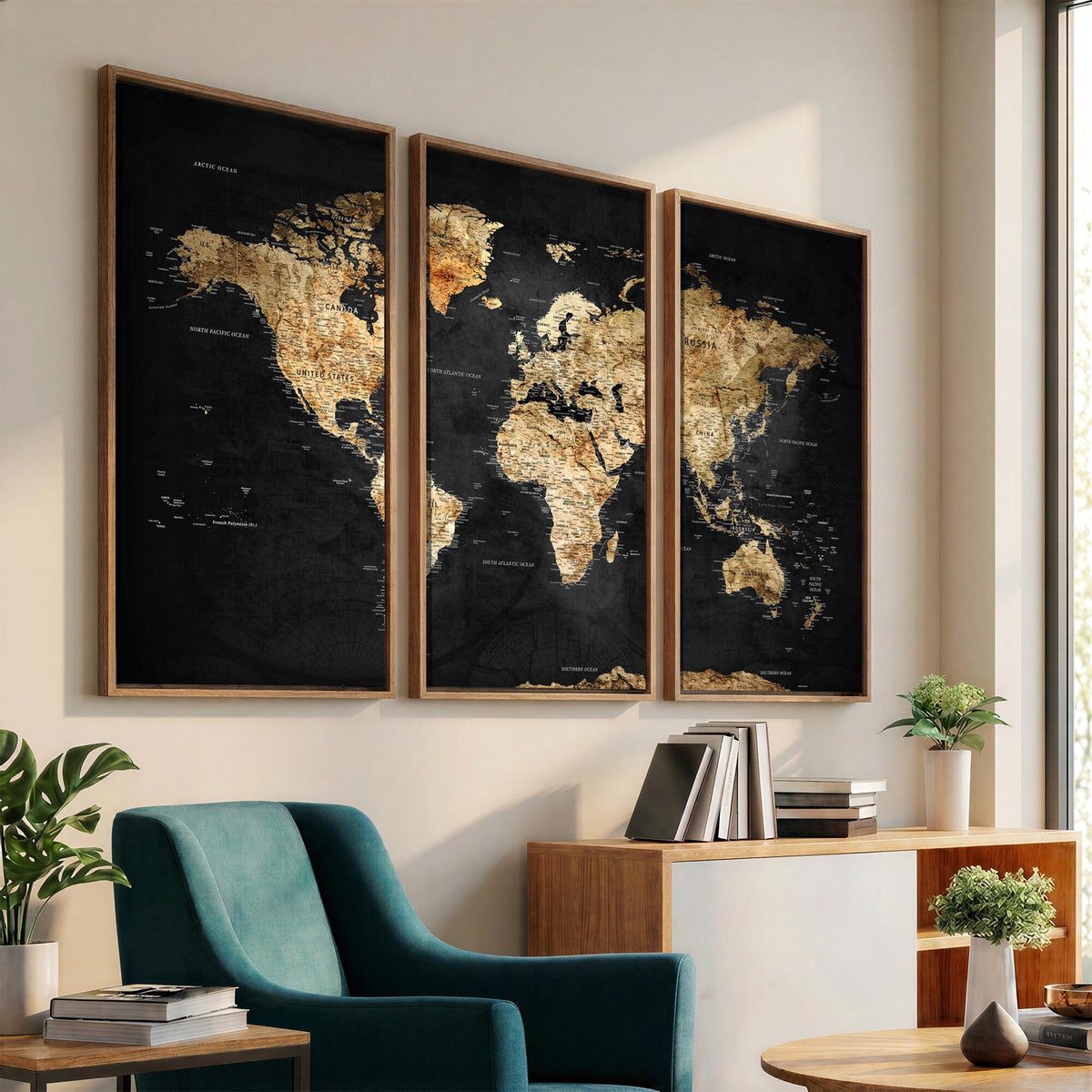 World Map Canvas Wall Art with Famous Landmarks | Framed Travel Map