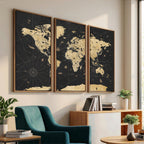 Vintage Blue and Brown World Map Canvas Wall Art | Framed Rustic Map Print