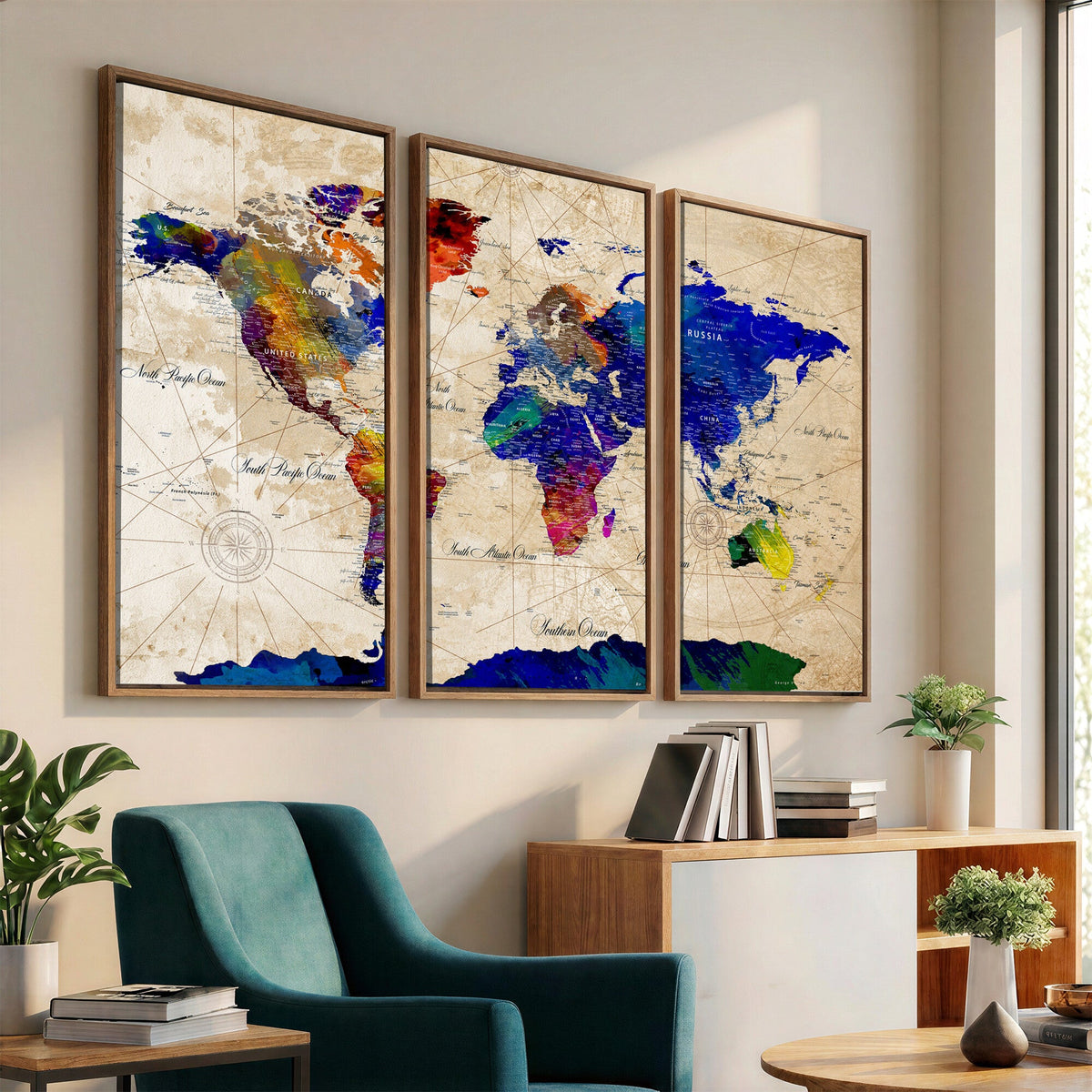 Watercolor World Map Canvas Print | Framed Wall Art for Couples