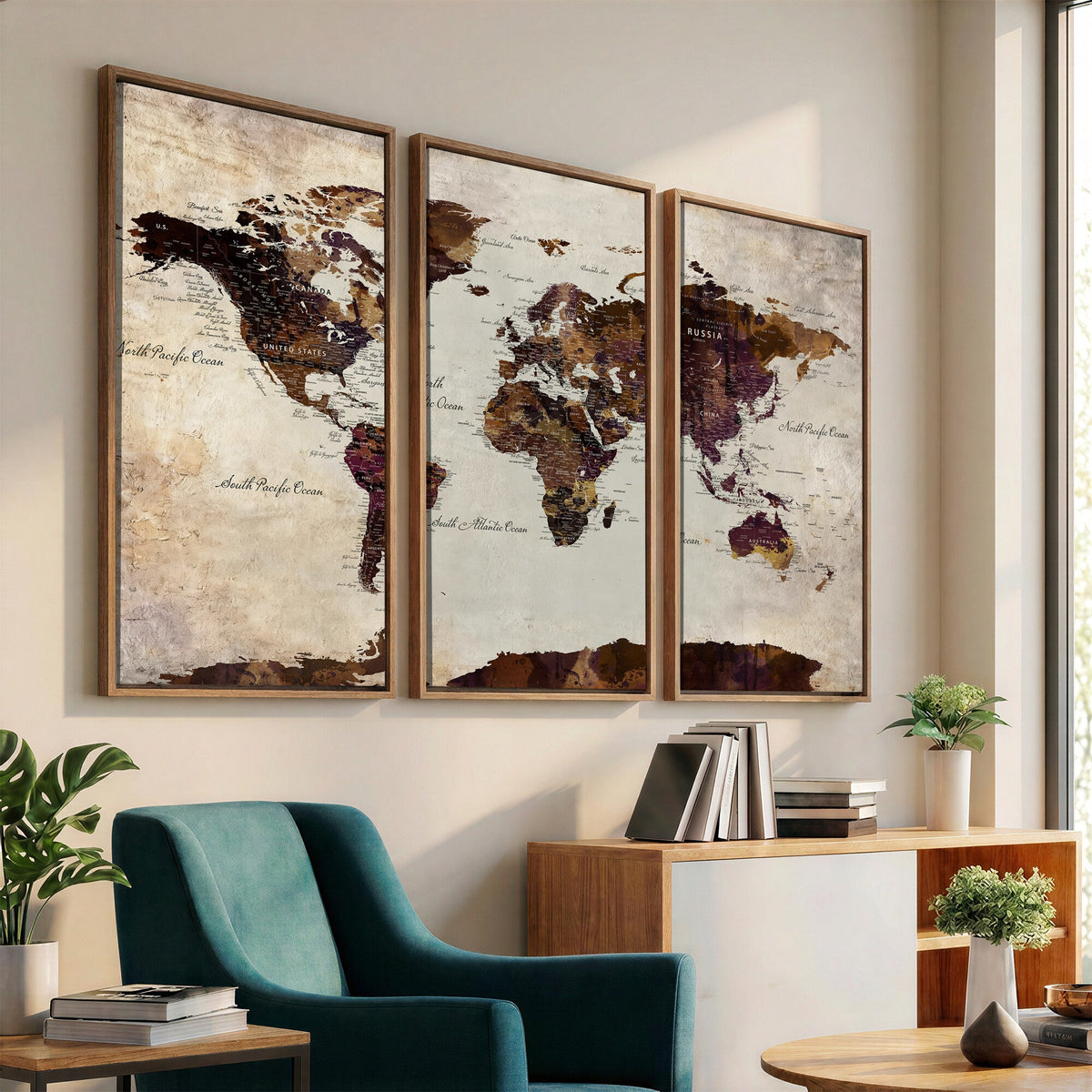 World Map Canvas Triptych | Colorful Global Wall Art for Living Rooms