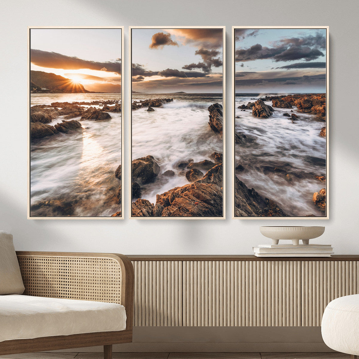 Rocky Coast Ocean Sunset Wall Art Canvas Print, Dramatic Seascape Nature Decor