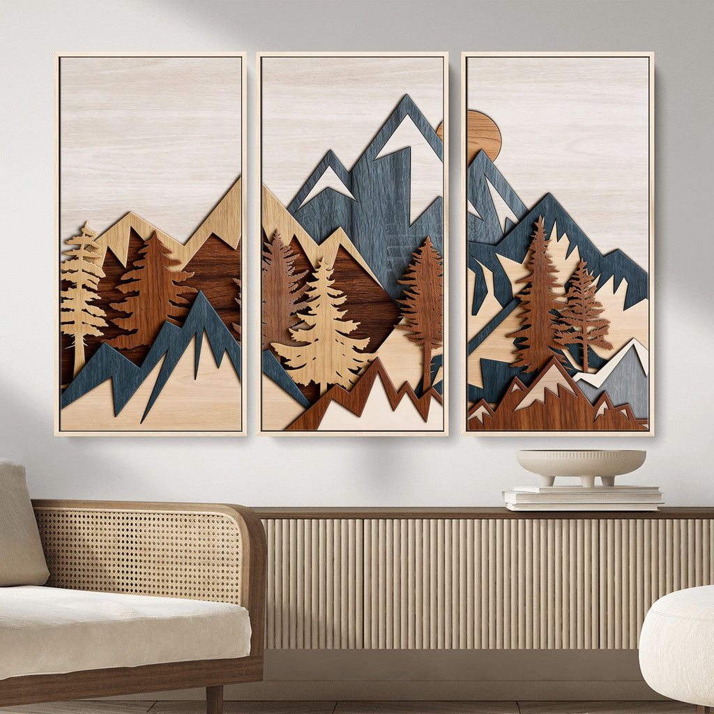 Layered Wooden Mountain Wall Art Canvas Print, Modern Rustic Forest and Pine Landscape