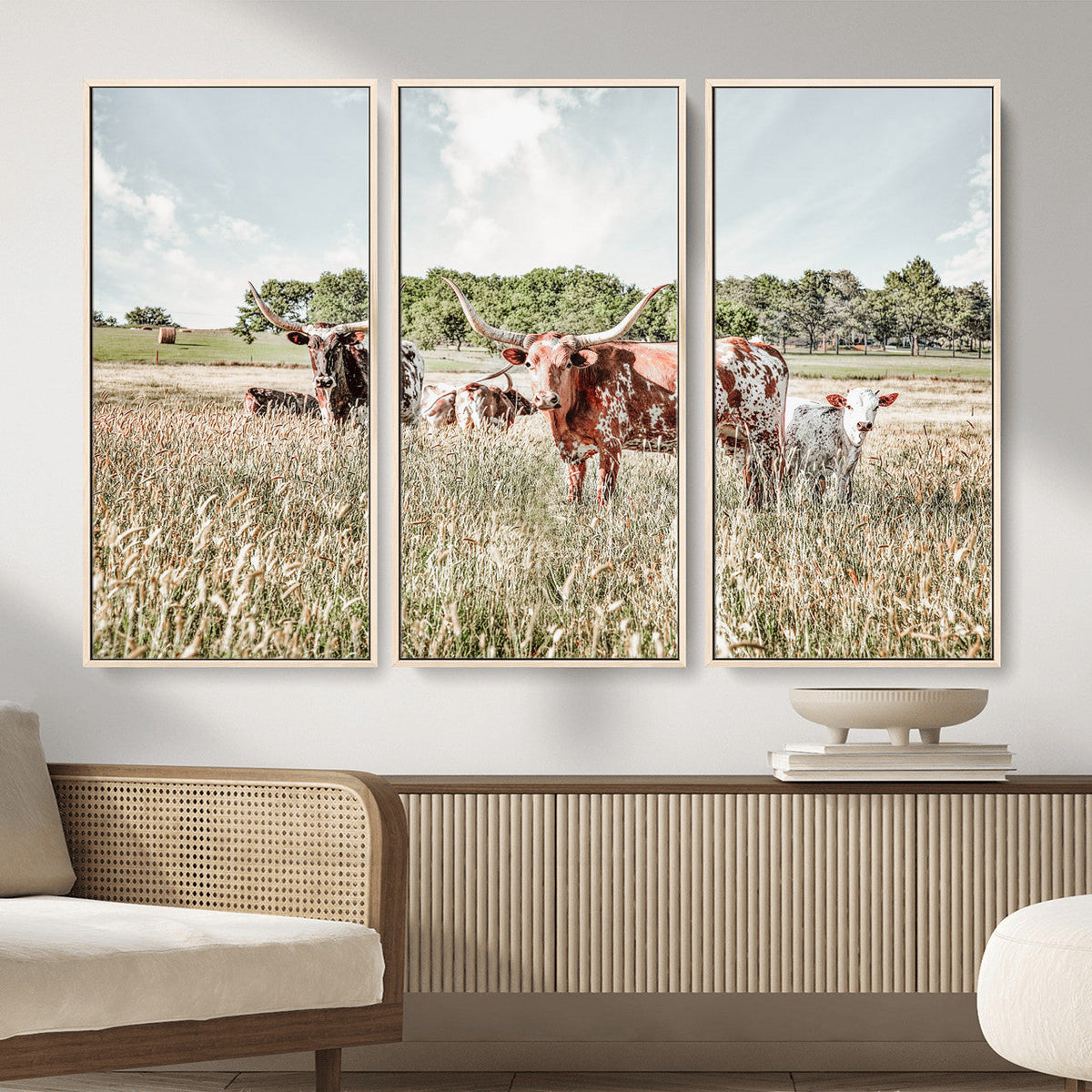 Texas Longhorn Cattle Wall Art Canvas Print, Western Ranch Landscape Decor