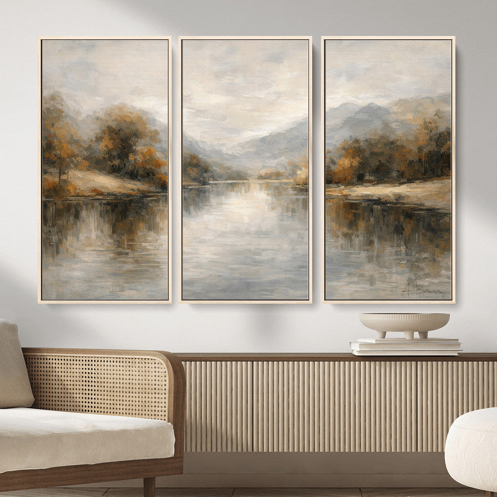 Neutral Abstract River Landscape Wall Art Canvas Print