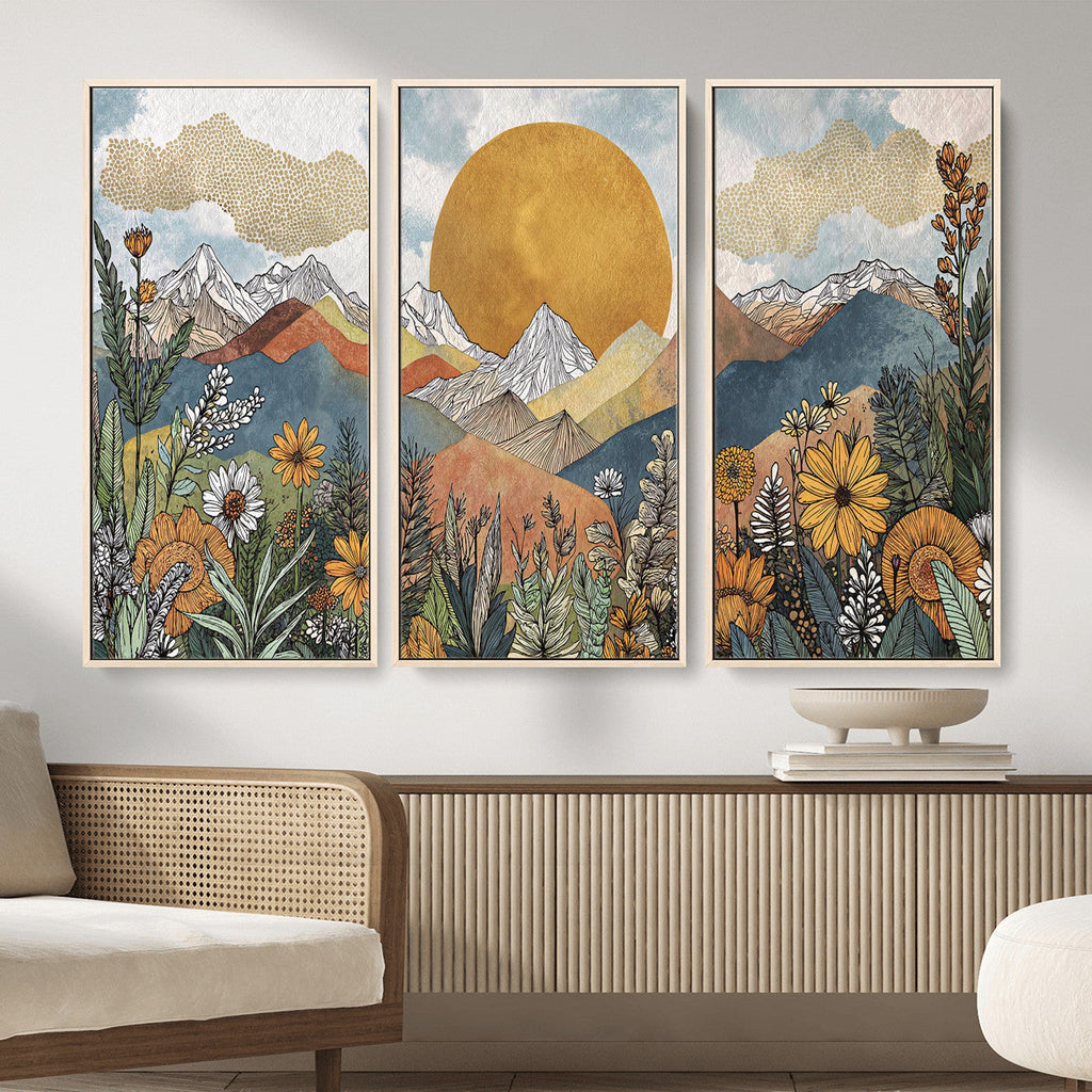 Boho Mountain Landscape Large Wall Art, Horizontal Gold Sun and Flowers Print