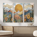 Boho Mountain Landscape Large Wall Art, Horizontal Gold Sun and Flowers Print