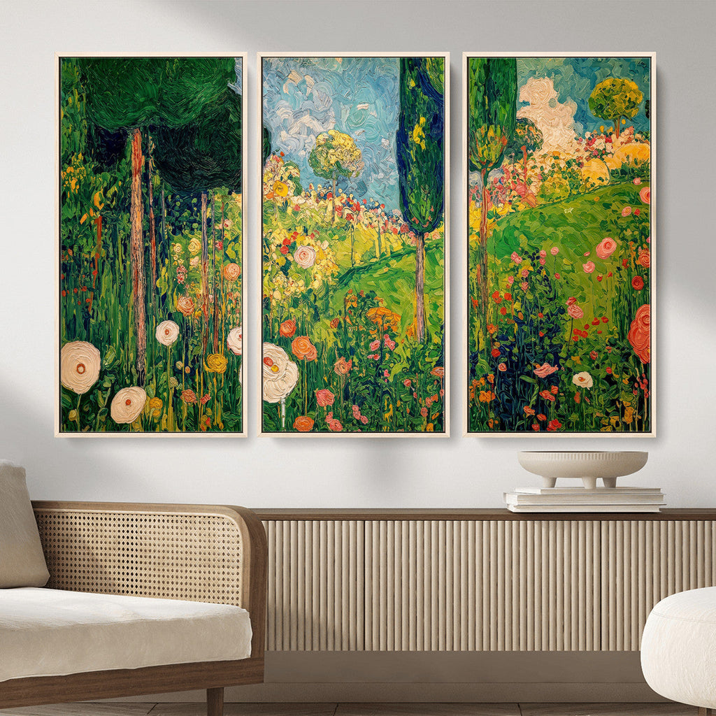 Gustav Klimt Boho Mountain Landscape Large Wall Art, Gold Sun and Flowers Print