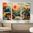 Yayoi Kusama Boho Mountain Landscape Large Wall Art, Gold Sun and Flowers Print