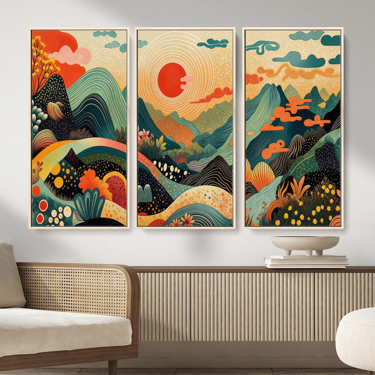 Yayoi Kusama Boho Mountain Landscape Large Wall Art, Gold Sun and Flowers Print