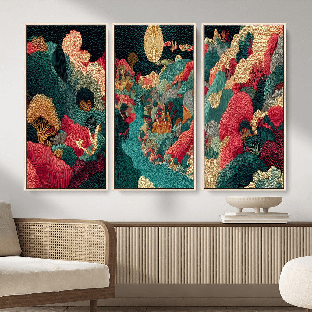 Colorful Japanese Landscape Print: Maximalist Panoramic Wall Art