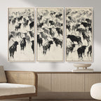 Longhorn Cattle Canvas Wall Art, Black White Stampede Ink