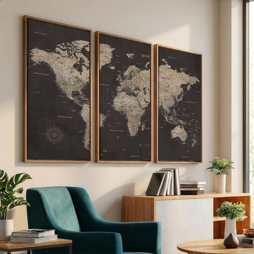 World Map Canvas Wall Art, Dark Charcoal and Antique Tan Detailed Map
