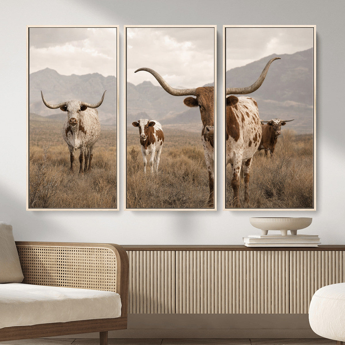 Rustic Texas Longhorn Cow Canvas Wall Art Print, Farm Animal Photography