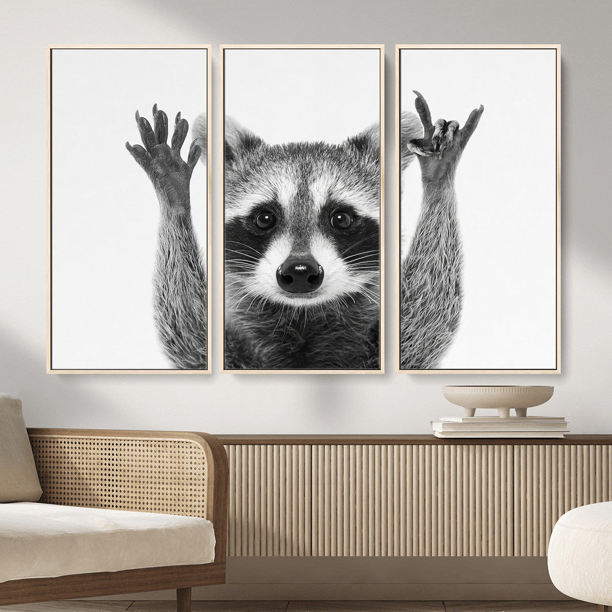 Funny Raccoon Canvas Wall Art, Black White Hands Up Animal Photo Print