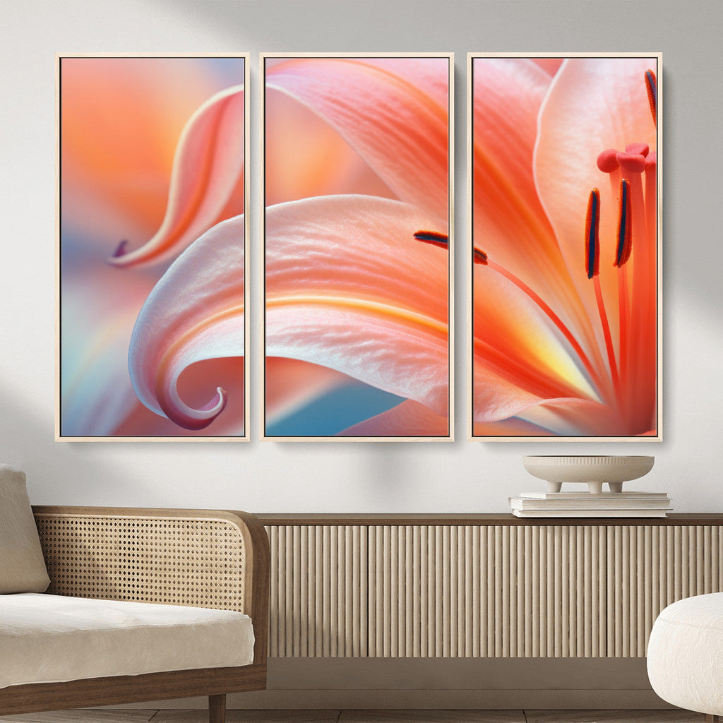 Peach Lily Canvas Wall Art, Coral Pink Flower Macro Photo Print, Botanical Decor
