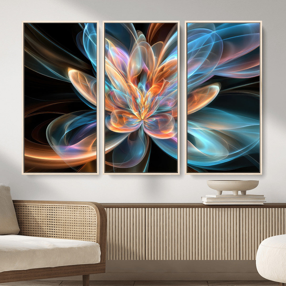 Fractal Lotus Canvas Wall Art, Blue Orange Glowing Flower Abstract Print