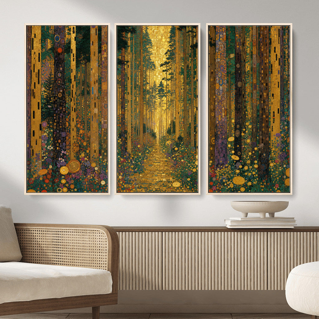 Gustav Klimt Style Forest Canvas Wall Art, Golden Forest Path Floral Art Nouveau Print