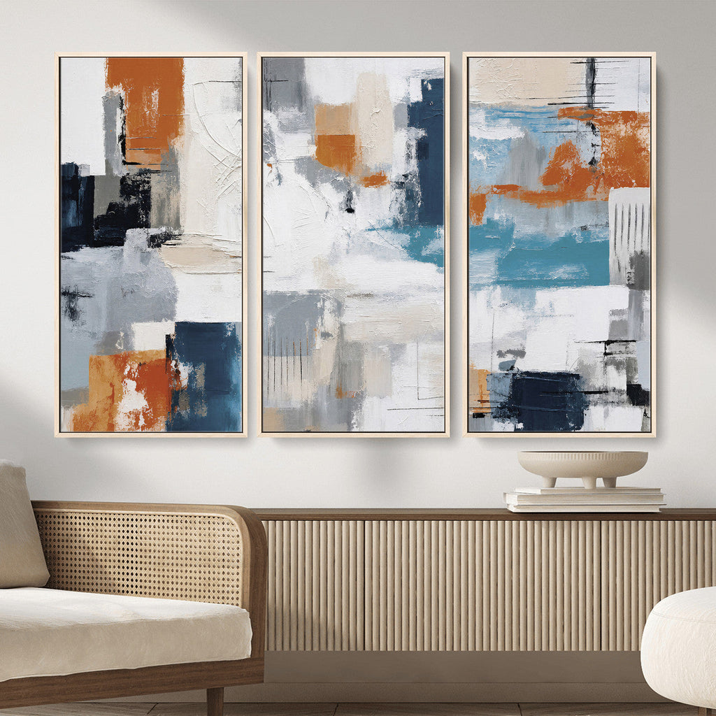 Blue Teal Abstract Canvas Wall Art, Modern Brushstroke Style Print, Navy Orange Contemporary Decor