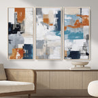 Blue Teal Abstract Canvas Wall Art, Modern Brushstroke Style Print, Navy Orange Contemporary Decor
