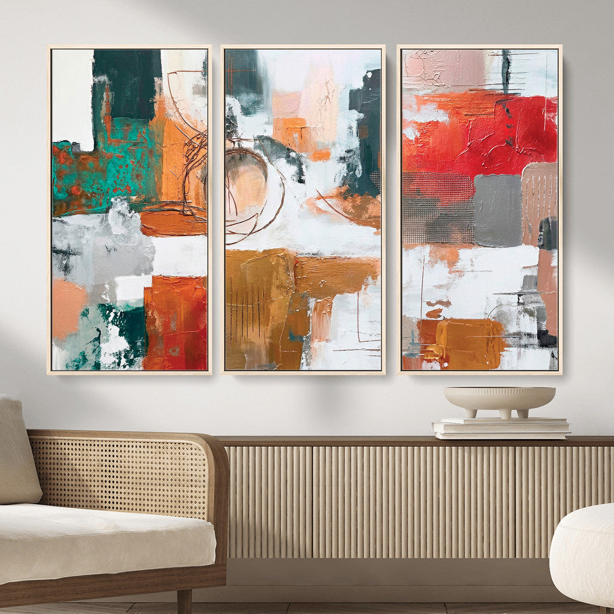 Blue Teal Abstract Canvas Wall Art, Modern Brushstroke Style Print, Navy Orange Contemporary Decor