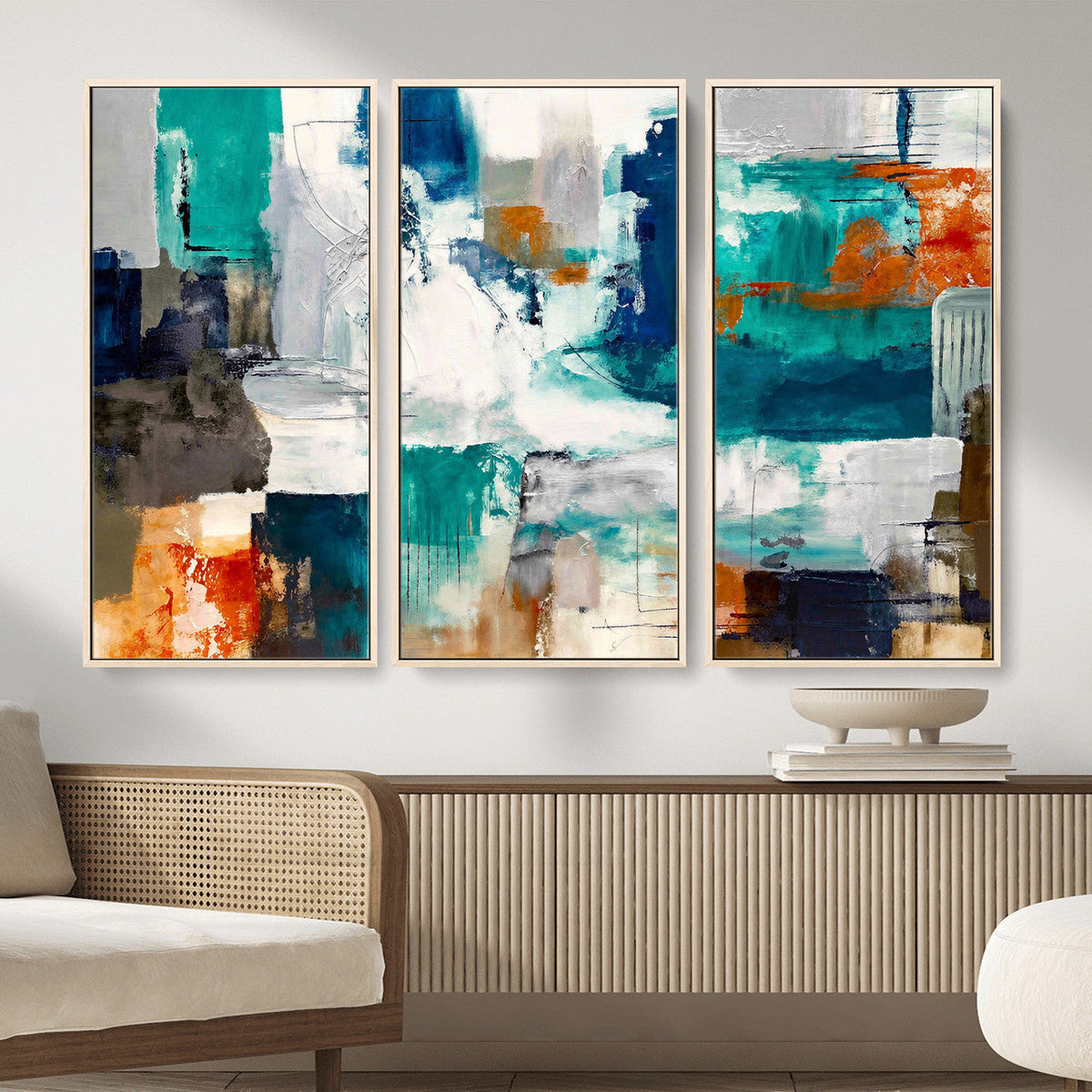 Blue Teal Abstract Canvas Wall Art, Modern Brushstroke Style Print, Navy Orange Contemporary Decor