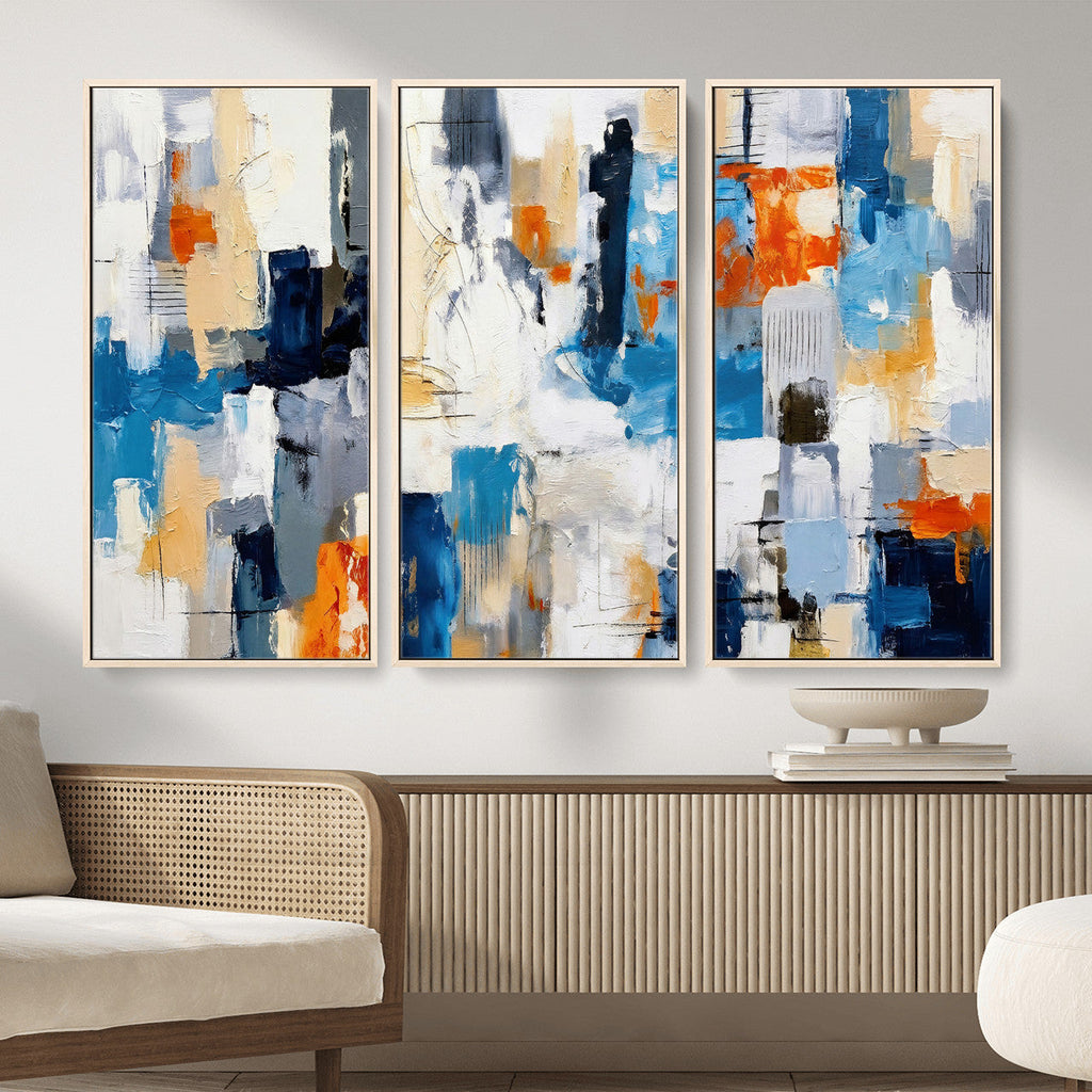 Blue Teal Abstract Canvas Wall Art, Modern Brushstroke Style Painting Print, Navy Orange Contemporary Decor