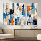 Blue Teal Abstract Canvas Wall Art, Modern Brushstroke Style Painting Print, Navy Orange Contemporary Decor