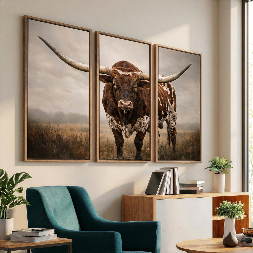 Texas Longhorn Wall Art Canvas Print | Brown Horned Bull Rustic Western Decor
