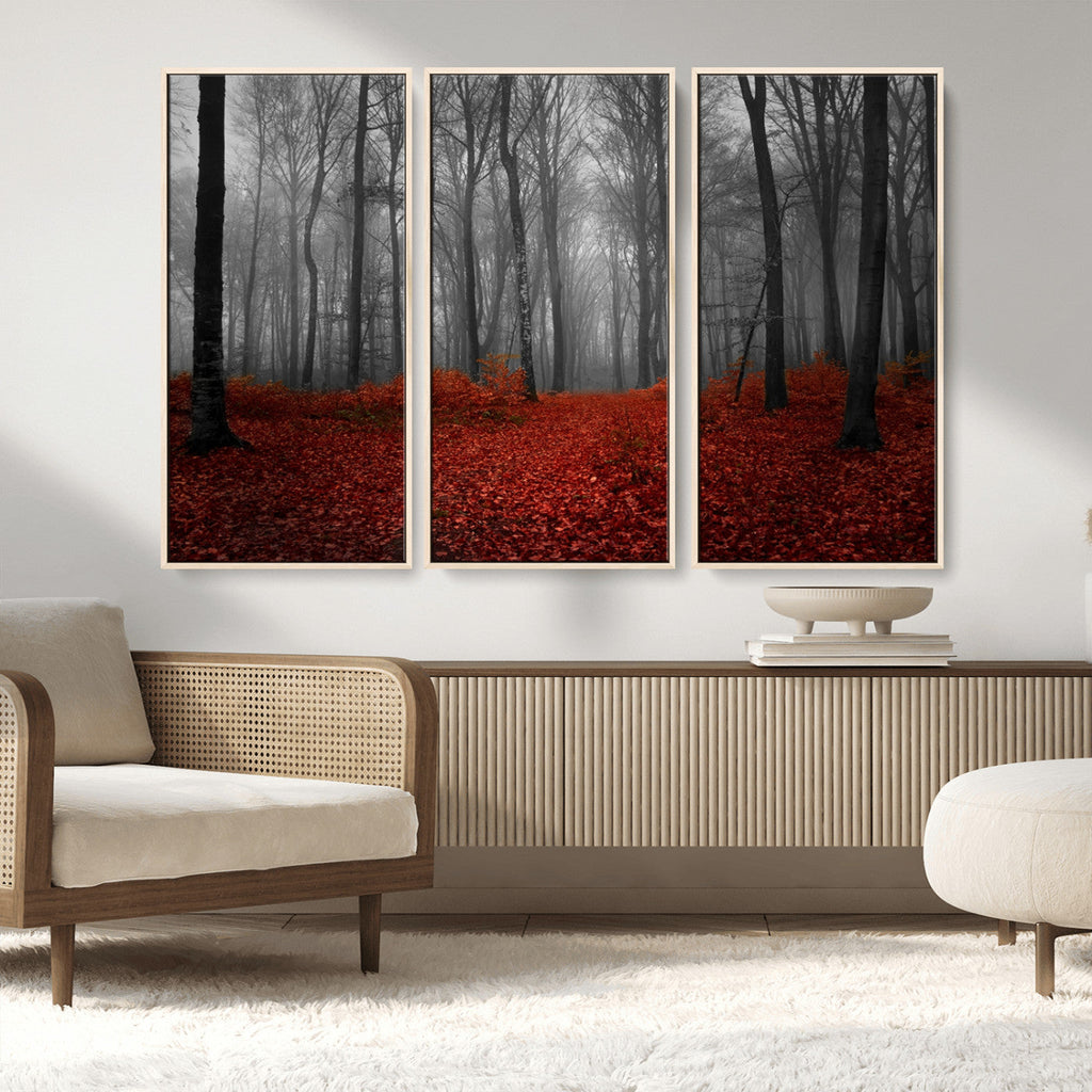 Red Forest Floor Canvas Wall Art | Mystical Foggy Woodland Triptych