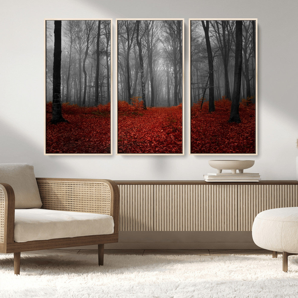Red Forest Floor Canvas Wall Art | Mystical Foggy Woodland Triptych
