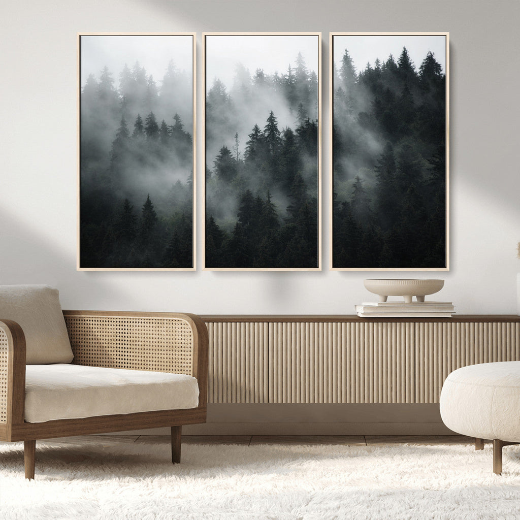 Foggy Forest Wall Art Canvas Print | 3 Panel Large Misty Landscape