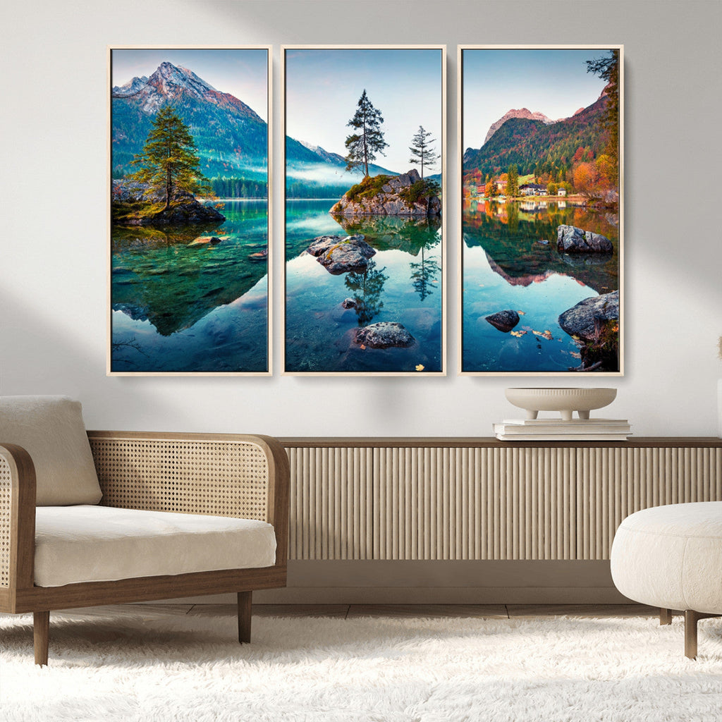 Crystal Clear Lake Wall Art | Mountains Wall Art Canvas | 3 Panel Landscape
