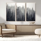 Misty Forest Canvas Wall Art | Monochrome Triptych Pine Tree Print