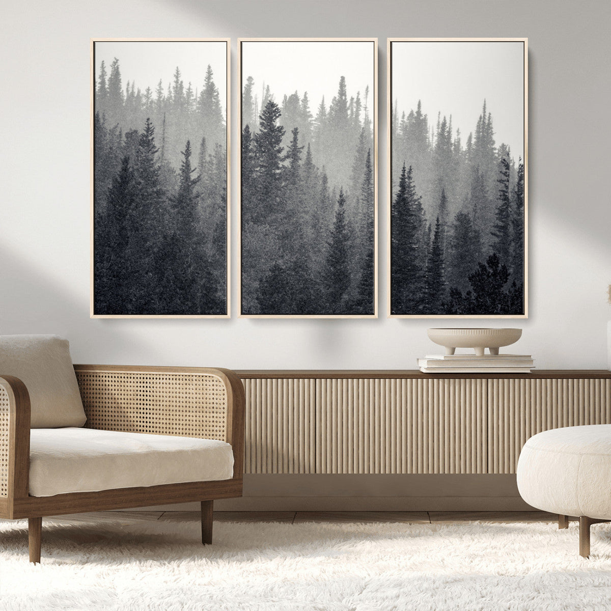 Misty Forest Canvas Wall Art | Monochrome Triptych Pine Tree Print