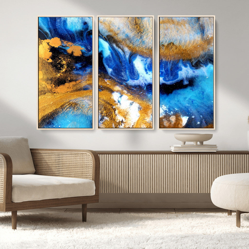 Blue Orange Marble Fluid Effect Canvas Wall Art Print