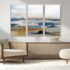 Abstract Landscape Wall Art Canvas | 3 Panel Modern Blue, Gold and White Canvas Art
