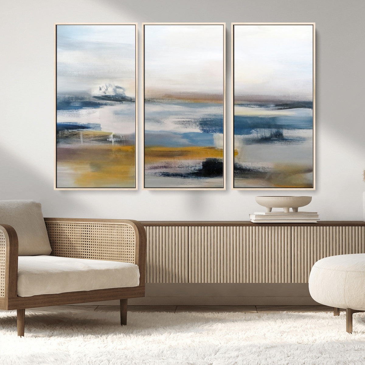 Abstract Landscape Wall Art Canvas | 3 Panel Modern Blue, Gold and White Canvas Art