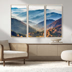 Misty Mountain Sunrise Triptych Canvas Print | Autumn Landscape Wall Art