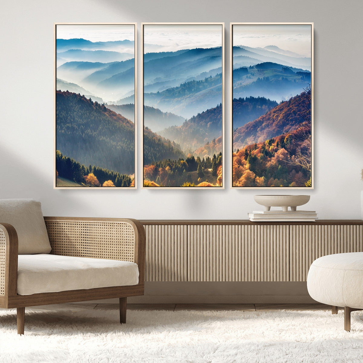 Misty Mountain Sunrise Triptych Canvas Print | Autumn Landscape Wall Art