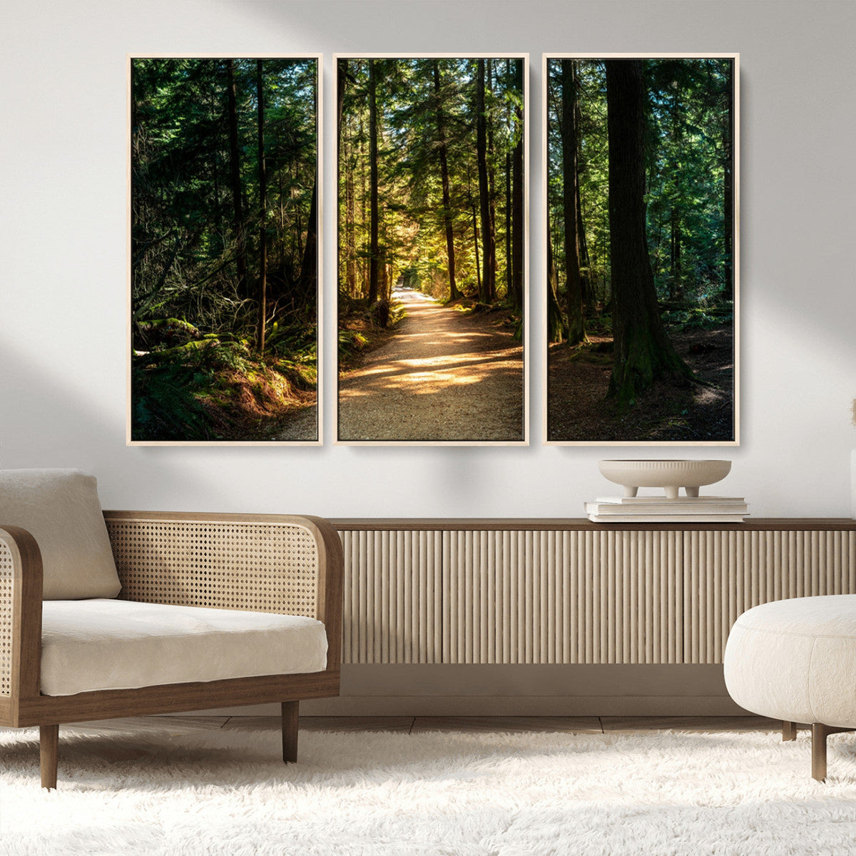 Sunlit Forest Pathway Canvas Print | 3 Panel Large Nature Wall Art