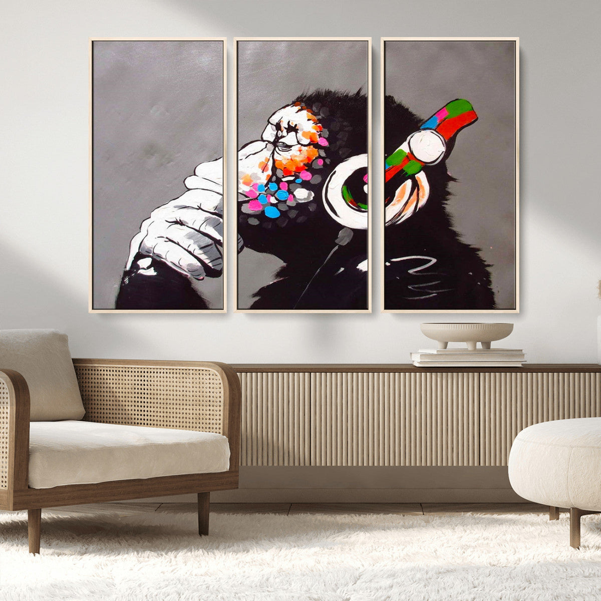 DJ Monkey Listening to Music Wall Art Print | Banksy Monkey Large Canvas Print